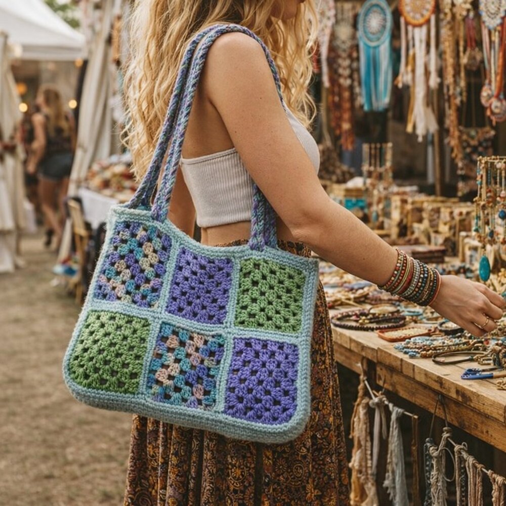 Hand Crafted Crochet Tote Bag Granny Square Market Bag Purse Shopping Oversize